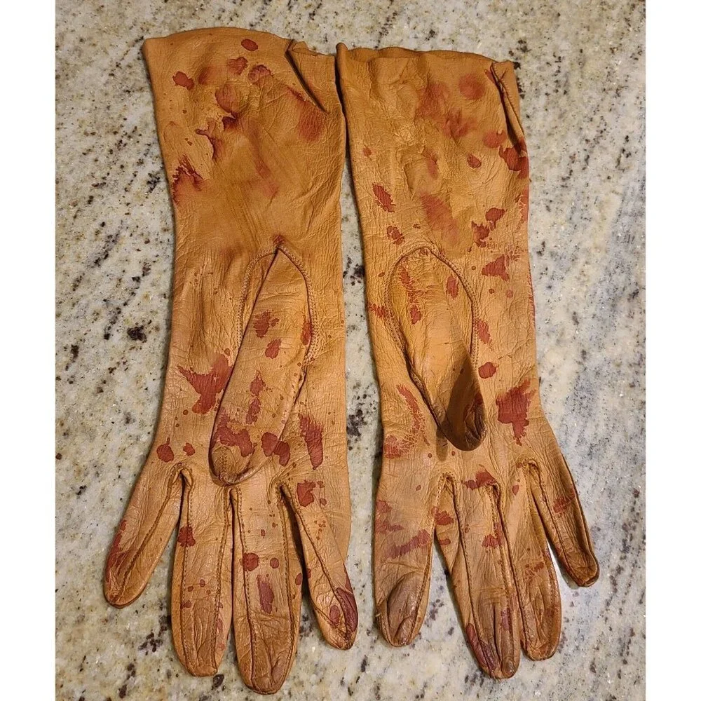 Vintage Size S Brown Leather Gloves Fake Bloody Horror Costume Slashed Worn